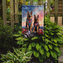 Load image into Gallery viewer, German Shepherd Two Hearts Garden Flag –  Romantic Dog Pair with Sunset &amp; Mountain Background