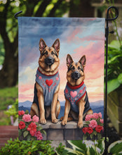 Load image into Gallery viewer, German Shepherd Two Hearts Garden Flag –  Romantic Dog Pair with Sunset &amp; Mountain Background