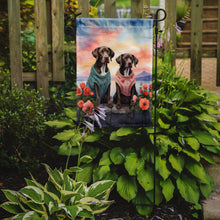 Load image into Gallery viewer, German Shorthaired Pointer Two Hearts Garden Flag –  Romantic Dog Pair with Sunset &amp; Mountain Background