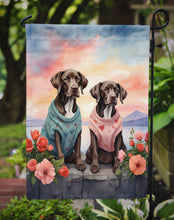 Load image into Gallery viewer, German Shorthaired Pointer Two Hearts Garden Flag –  Romantic Dog Pair with Sunset &amp; Mountain Background