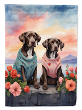 Load image into Gallery viewer, German Shorthaired Pointer Two Hearts Garden Flag –  Romantic Dog Pair with Sunset &amp; Mountain Background