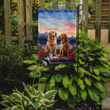 Load image into Gallery viewer, Golden Retriever Two Hearts Garden Flag –  Romantic Dog Pair with Sunset &amp; Mountain Background