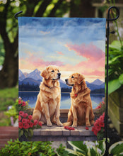 Load image into Gallery viewer, Golden Retriever Two Hearts Garden Flag –  Romantic Dog Pair with Sunset &amp; Mountain Background