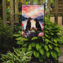 Load image into Gallery viewer, Gordon Setter Two Hearts Garden Flag –  Romantic Dog Pair with Sunset &amp; Mountain Background