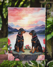 Load image into Gallery viewer, Gordon Setter Two Hearts Garden Flag –  Romantic Dog Pair with Sunset &amp; Mountain Background