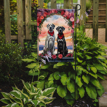 Load image into Gallery viewer, Great Dane Two Hearts Garden Flag –  Romantic Dog Pair with Sunset &amp; Mountain Background