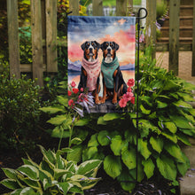 Load image into Gallery viewer, Greater Swiss Mountain Dog Two Hearts Garden Flag –  Romantic Dog Pair with Sunset &amp; Mountain Background