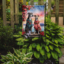 Load image into Gallery viewer, Greyhound Two Hearts Garden Flag –  Romantic Dog Pair with Sunset &amp; Mountain Background