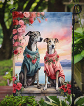 Load image into Gallery viewer, Greyhound Two Hearts Garden Flag –  Romantic Dog Pair with Sunset &amp; Mountain Background