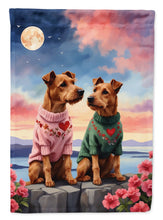 Load image into Gallery viewer, Irish Terrier Two Hearts Garden Flag –  Romantic Dog Pair with Sunset &amp; Mountain Background