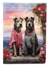 Load image into Gallery viewer, Irish Wolfhound Two Hearts Garden Flag –  Romantic Dog Pair with Sunset &amp; Mountain Background