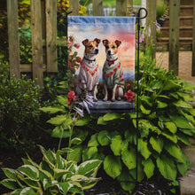 Load image into Gallery viewer, Jack Russell Terrier Two Hearts Garden Flag –  Romantic Dog Pair with Sunset &amp; Mountain Background