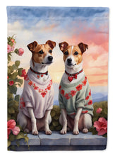 Load image into Gallery viewer, Jack Russell Terrier Two Hearts Garden Flag –  Romantic Dog Pair with Sunset &amp; Mountain Background