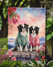 Load image into Gallery viewer, Japanese Chin Two Hearts Garden Flag –  Romantic Dog Pair with Sunset &amp; Mountain Background