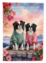 Load image into Gallery viewer, Japanese Chin Two Hearts Garden Flag –  Romantic Dog Pair with Sunset &amp; Mountain Background