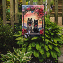 Load image into Gallery viewer, Keeshond Two Hearts Garden Flag –  Romantic Dog Pair with Sunset &amp; Mountain Background