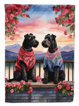 Load image into Gallery viewer, Kerry Blue Terrier Two Hearts Garden Flag –  Romantic Dog Pair with Sunset &amp; Mountain Background