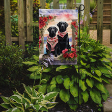 Load image into Gallery viewer, Black Labrador Retriever Two Hearts Garden Flag –  Romantic Dog Pair with Sunset &amp; Mountain Background