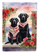 Load image into Gallery viewer, Black Labrador Retriever Two Hearts Garden Flag –  Romantic Dog Pair with Sunset &amp; Mountain Background