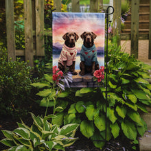 Load image into Gallery viewer, Chocolate Labrador Retriever Two Hearts Garden Flag –  Romantic Dog Pair with Sunset &amp; Mountain Background
