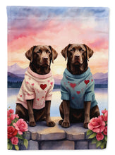 Load image into Gallery viewer, Chocolate Labrador Retriever Two Hearts Garden Flag –  Romantic Dog Pair with Sunset &amp; Mountain Background