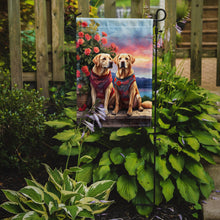 Load image into Gallery viewer, Yellow Labrador Retriever Two Hearts Garden Flag –  Romantic Dog Pair with Sunset &amp; Mountain Background