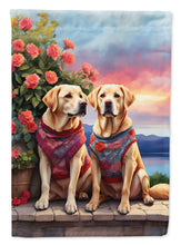 Load image into Gallery viewer, Yellow Labrador Retriever Two Hearts Garden Flag –  Romantic Dog Pair with Sunset &amp; Mountain Background