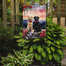 Load image into Gallery viewer, Labrador Retriever Two Hearts Garden Flag –  Romantic Dog Pair with Sunset &amp; Mountain Background