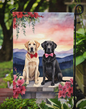 Load image into Gallery viewer, Labrador Retriever Two Hearts Garden Flag –  Romantic Dog Pair with Sunset &amp; Mountain Background