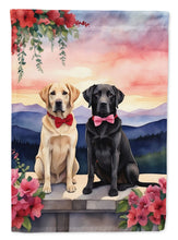 Load image into Gallery viewer, Labrador Retriever Two Hearts Garden Flag –  Romantic Dog Pair with Sunset &amp; Mountain Background