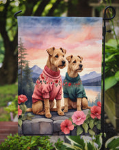Load image into Gallery viewer, Lakeland Terrier Two Hearts Garden Flag –  Romantic Dog Pair with Sunset &amp; Mountain Background