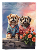 Load image into Gallery viewer, Lhasa Apso Two Hearts Garden Flag –  Romantic Dog Pair with Sunset &amp; Mountain Background