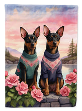 Load image into Gallery viewer, Manchester Terrier Two Hearts Garden Flag –  Romantic Dog Pair with Sunset &amp; Mountain Background