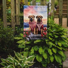 Load image into Gallery viewer, Mastiff Two Hearts Garden Flag –  Romantic Dog Pair with Sunset &amp; Mountain Background