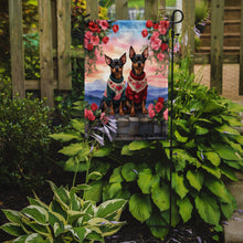 Load image into Gallery viewer, Miniature Pinscher Two Hearts Garden Flag –  Romantic Dog Pair with Sunset &amp; Mountain Background