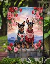 Load image into Gallery viewer, Miniature Pinscher Two Hearts Garden Flag –  Romantic Dog Pair with Sunset &amp; Mountain Background