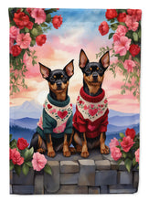 Load image into Gallery viewer, Miniature Pinscher Two Hearts Garden Flag –  Romantic Dog Pair with Sunset &amp; Mountain Background