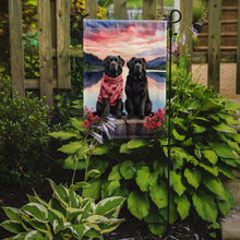 Load image into Gallery viewer, Newfoundland Two Hearts Garden Flag –  Romantic Dog Pair with Sunset &amp; Mountain Background