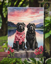 Load image into Gallery viewer, Newfoundland Two Hearts Garden Flag –  Romantic Dog Pair with Sunset &amp; Mountain Background