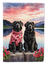 Load image into Gallery viewer, Newfoundland Two Hearts Garden Flag –  Romantic Dog Pair with Sunset &amp; Mountain Background