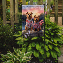Load image into Gallery viewer, Norfolk Terrier Two Hearts Garden Flag –  Romantic Dog Pair with Sunset &amp; Mountain Background