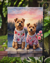 Load image into Gallery viewer, Norfolk Terrier Two Hearts Garden Flag –  Romantic Dog Pair with Sunset &amp; Mountain Background