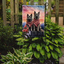 Load image into Gallery viewer, Norwegian Elkhound Two Hearts Garden Flag –  Romantic Dog Pair with Sunset &amp; Mountain Background