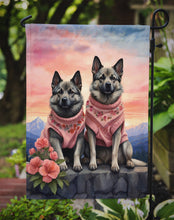 Load image into Gallery viewer, Norwegian Elkhound Two Hearts Garden Flag –  Romantic Dog Pair with Sunset &amp; Mountain Background