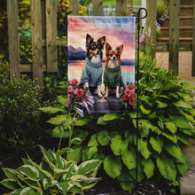 Load image into Gallery viewer, Papillon Two Hearts Garden Flag –  Romantic Dog Pair with Sunset &amp; Mountain Background