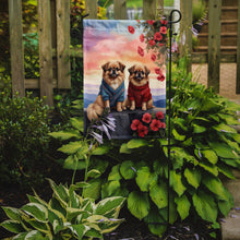 Load image into Gallery viewer, Pekingese Two Hearts Garden Flag –  Romantic Dog Pair with Sunset &amp; Mountain Background
