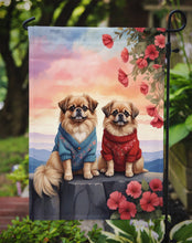 Load image into Gallery viewer, Pekingese Two Hearts Garden Flag –  Romantic Dog Pair with Sunset &amp; Mountain Background
