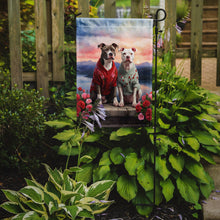 Load image into Gallery viewer, Pit Bull Terrier Two Hearts Garden Flag –  Romantic Dog Pair with Sunset &amp; Mountain Background