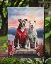 Load image into Gallery viewer, Pit Bull Terrier Two Hearts Garden Flag –  Romantic Dog Pair with Sunset &amp; Mountain Background