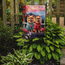 Load image into Gallery viewer, Pomeranian Two Hearts Garden Flag –  Romantic Dog Pair with Sunset &amp; Mountain Background